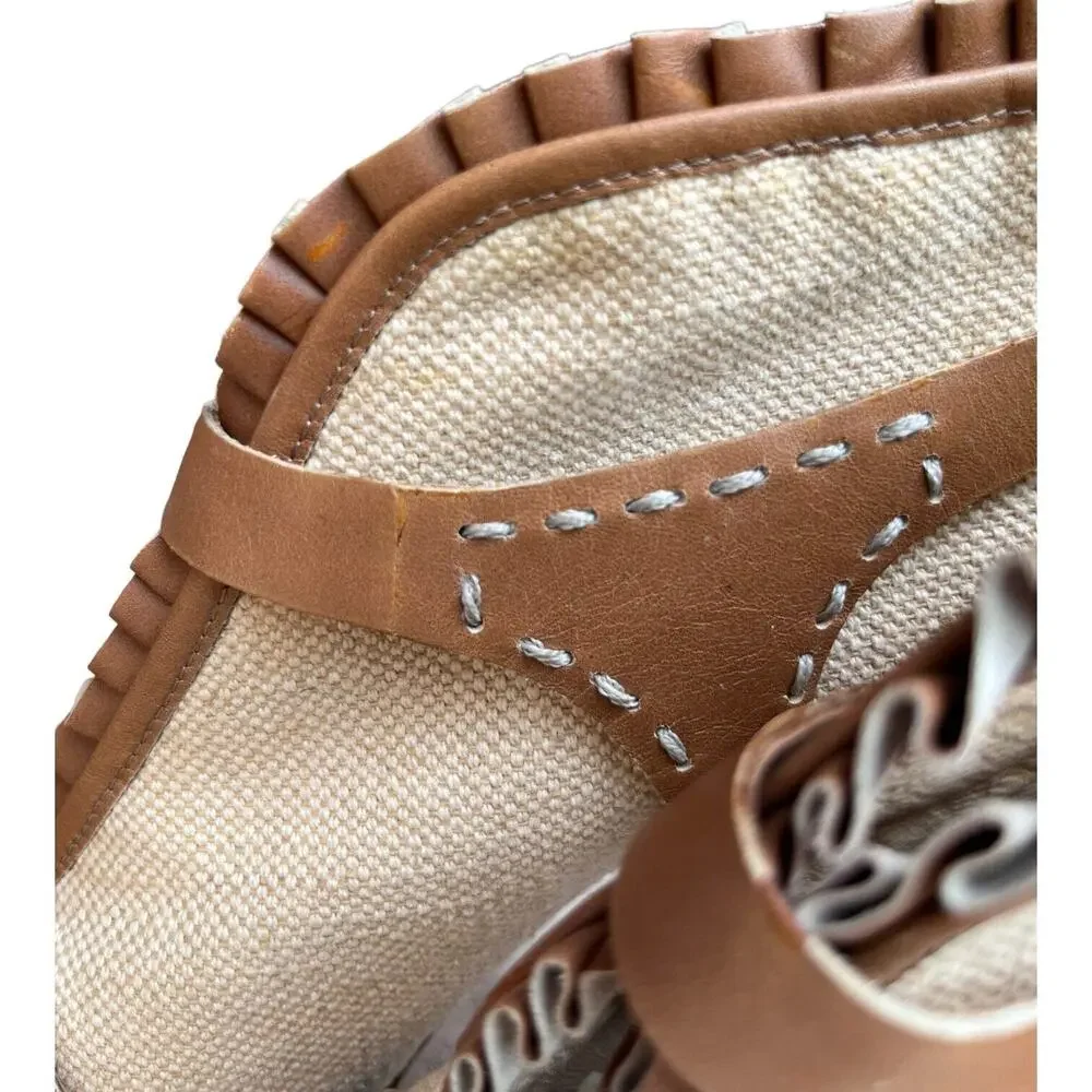 Velvet Angels Womens Platform Peep Toe Tan Leather Woven Pumps Sz 37.5 EU 6.5 US